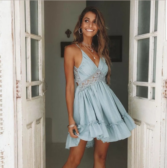 Dresses & Skirts - Dusty blue crochet open back dress, size Small